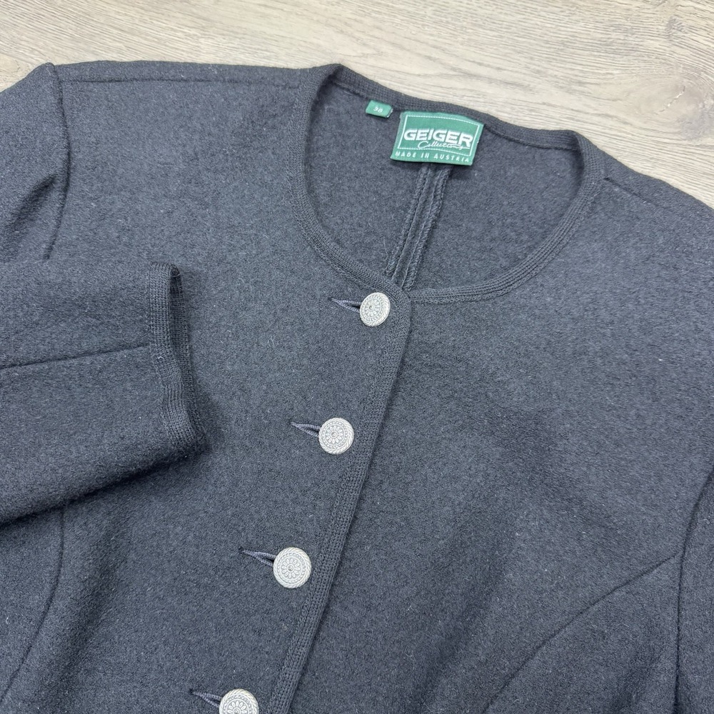 VTG Geiger Austria Black Wool Cardigan‎ Button Up Sz 38 READ Minimal Classy